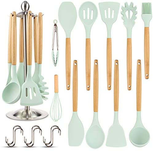 Silicone Kitchen Cooking Utensil Set, EAGMAK 16PCS Kitchen Utensils Spatula Set with Stainless Steel Stand for Nonstick Cookware, BPA Free Non-Toxic Cooking Utensils, Kitchen Tools Gift (Mint Green)