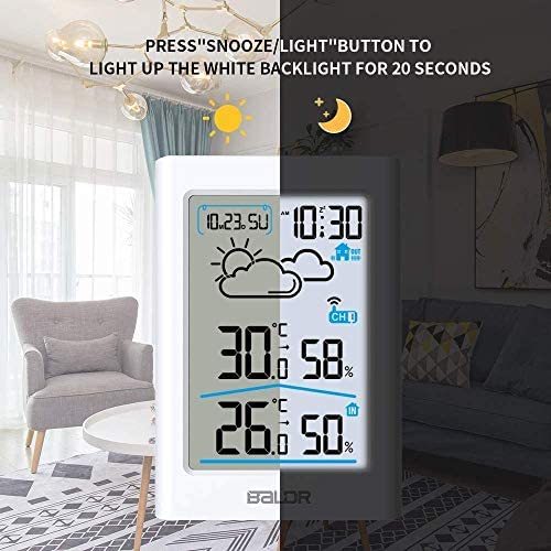 51BXa6VdO9L. AC  - BALDR Wireless Weather Station, Digital Indoor Outdoor Thermometer Hygrometer with Backlight LCD Display and External Sensor, Ideal for Weather Forecast Monitoring, Alarm Clock - White