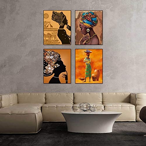 51IkimytMAL. AC  - Retro Style Tribal African American Wall Art Painting Set of 4 (8”X10” Canvas Picture) Black Woman Ethnic Ancient Theme Diamond Girl Room Poster Art Painting Bedroom or Bathroom Decor Unframed