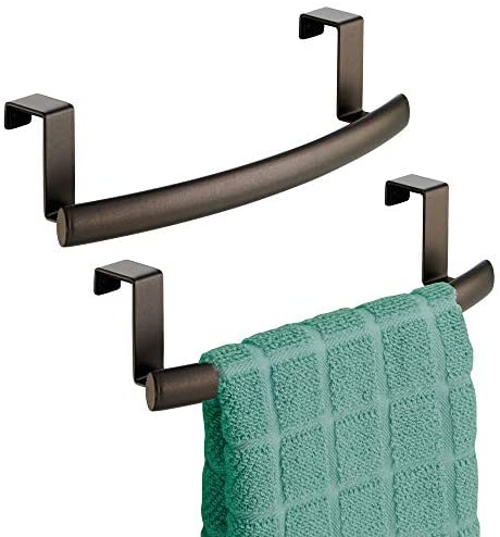 mDesign Modern Metal Kitchen Storage Over Cabinet Curved Towel Bar – Hang on Inside or Outside of Doors, Organize and Hang Hand, Dish, and Tea Towels – 9.7″ Wide, 2 Pack – Bronze