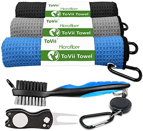 ToVii Golf Towel Microfiber Waffle Pattern Golf Towel | Brush Tool Kit with Club Groove Cleaner | Golf Divot Tool | Golf Accessories for Men