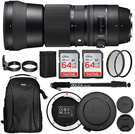 Sigma 150-600mm 5-6.3 Contemporary DG OS HSM Lens for Canon DSLR Cameras USB Dock and Two 64GB SD Card Bundle (7 Items)