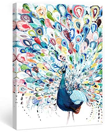 Mazjoaru Colorful Peacock Wall Art Canvas Painting Rainbow Bird Picture Animal Framed Print Modern Home Decor Bathroom Bedroom Living Room Ready to Hang Frameless 12×16 inches