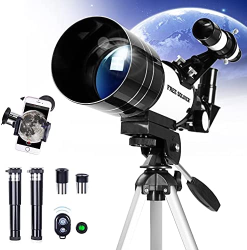 FREE SOLDIER Telescope for Kids Astronomy Beginners – 70mm Aperture High Magnification Astronomical Refractor Telescope with Phone Adapter Wireless Remote Portable Telescope for Kids，White