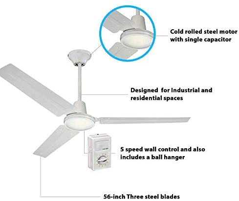 41M+t7BsplL. AC  - Ciata Lighting Industrial 56 Inch Three Blade Indoor Ceiling Fan, with Steel Blades in White Finish - 2 Pack