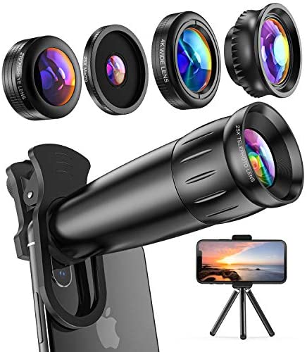 LIERONT Phone Camera Lens for iPhone Samsung Huawei, 25X Telephoto Lens, 4K HD 0.65X Wide Angle Lens & 25X Macro Lens(Screwed Together), 210° Fisheye Lens, Kaleidoscope Lens (Not Pro Camera)