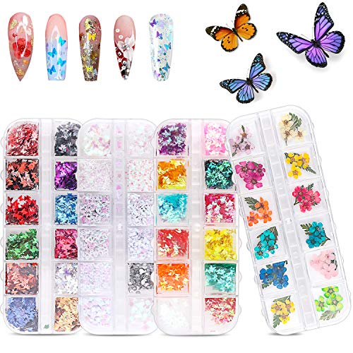 48 Colors Dried Flowers Nail Art Butterfly Glitter Flake 3D Holographic, Tufusiur Dry Flower Nails Sequins Acrylic Supplies Face Body Gifts for Decoration Accessories & DIY Crafting