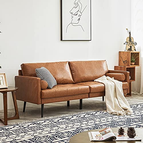 Vonanda Faux Leather Sofa Couch, Mid-Century 73 Inch 3-Seater Sofa with 2 Bolster Pillows and Hand-Stitched Comfort Cushion for Compact Living Room, Caramel