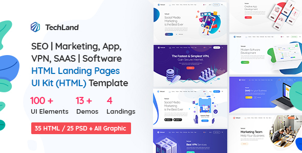 TechLand – SEO|Marketing, SAAS|Software, App, VPN Landing pages + UI Kit HTML Template