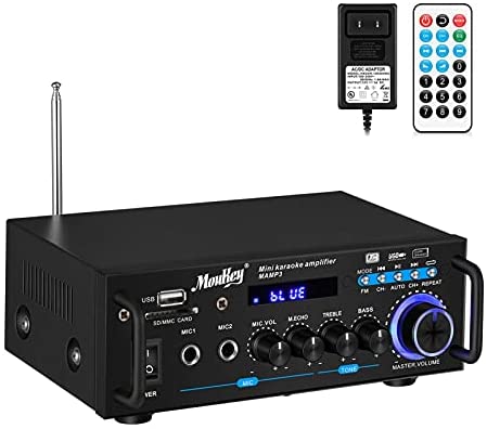 1632332983 41Gk3MlKQ8L. AC  - Moukey Bluetooth 5.0 Home Audio Power Stereo Amplifier for Speakers - Portable 2 Channel Stereo Desktop Amp Receiver with FM Radio, MP3/USB/SD Readers, 2 Mic Input, Remote (Peak Power 100W)