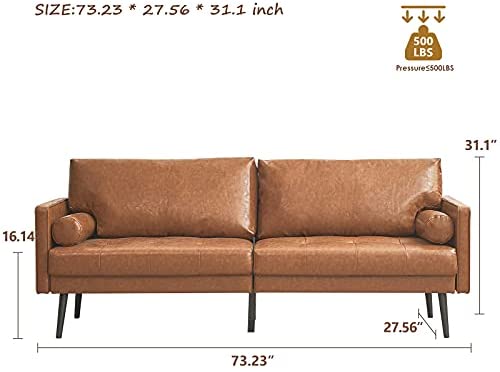 41GwWqzhtWL. AC  - Vonanda Faux Leather Sofa Couch, Mid-Century 73 Inch 3-Seater Sofa with 2 Bolster Pillows and Hand-Stitched Comfort Cushion for Compact Living Room, Caramel