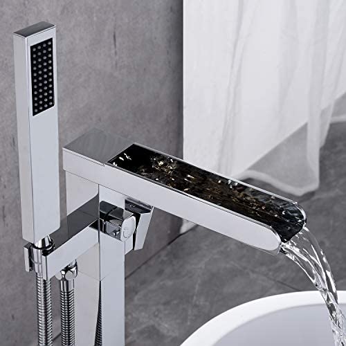 41IdbCgX+uL. AC  - Wowkk Freestanding Tub Filler Waterfall Bathtub Faucet Chrome Floor Mount Brass Single Handle Bathroom Faucets with Hand Shower
