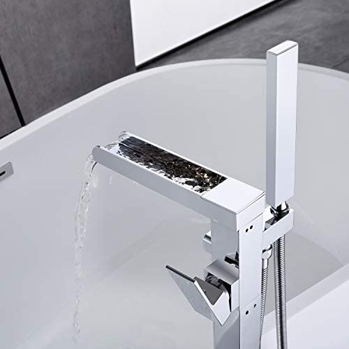 41S8oFtbr7L. AC  - Wowkk Freestanding Tub Filler Waterfall Bathtub Faucet Chrome Floor Mount Brass Single Handle Bathroom Faucets with Hand Shower