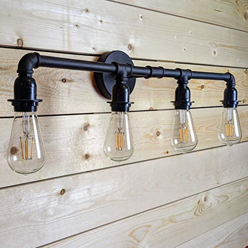 LOUmination Matte Black Vanity Fixture – Industrial Farmhouse Bathroom Light Fixtures – Metal Steampunk, Rustic Pipe Sconce – Dressing Room, Bedroom, Dining Room, Entryway, Hallway – 4 Lights