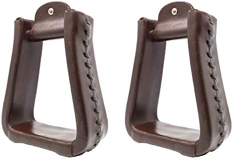 41U2SUuiYUL. AC  - CHALLENGER Horse Western Brown Leather Covered 5" Wide 5.5" Tall Bell Saddle Stirrups 51176BR