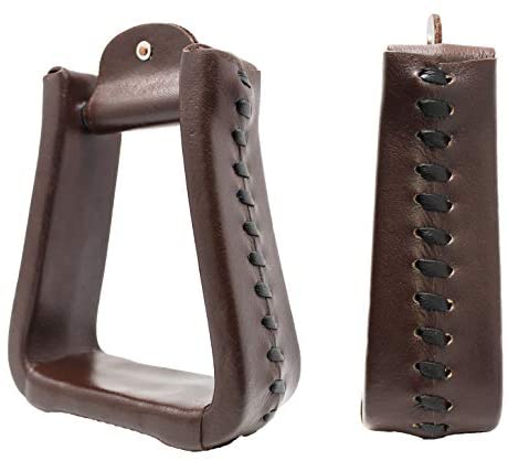 41ts2dBnKNL. AC  - CHALLENGER Horse Western Brown Leather Covered 5" Wide 5.5" Tall Bell Saddle Stirrups 51176BR