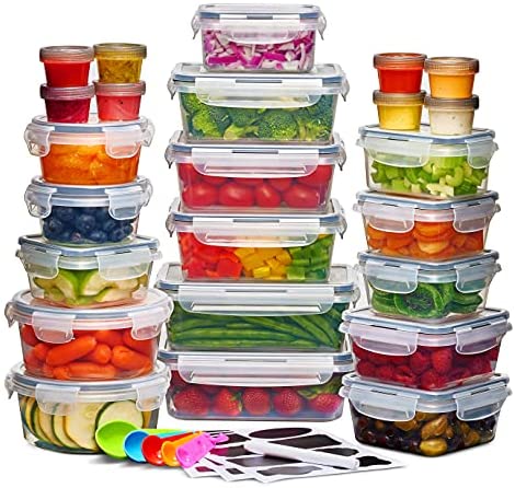 519PNZBUGL. AC  - 24 Pack Airtight Food Storage Container Set - BPA Free Clear Plastic Kitchen and Pantry Organization Meal Prep Lunch Container with Durable Leak Proof Lids - Labels, Marker & Spoon Set