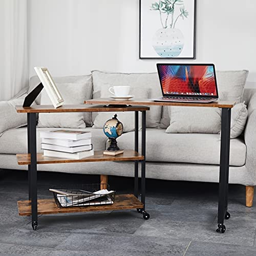 51FzDa+KXAS. AC  - Sofa Side Table with Storage Shelves Mobile Swivel End Table with Universal Wheels,L Shape Rolling Couch Table Desk for Living Room Bedroom,Brown