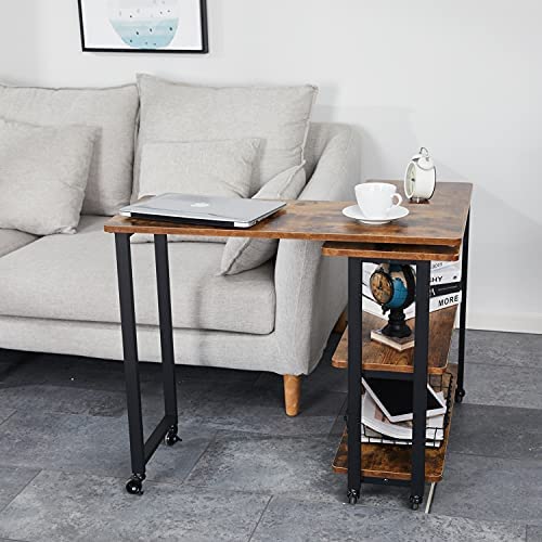 51IjSTGCE S. AC  - Sofa Side Table with Storage Shelves Mobile Swivel End Table with Universal Wheels,L Shape Rolling Couch Table Desk for Living Room Bedroom,Brown