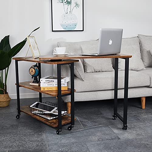 51sXO9hjKiS. AC  - Sofa Side Table with Storage Shelves Mobile Swivel End Table with Universal Wheels,L Shape Rolling Couch Table Desk for Living Room Bedroom,Brown