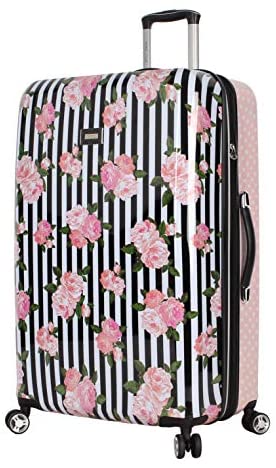 Betsey Johnson 30 Inch Checked Luggage Collection – Expandable Scratch Resistant (ABS + PC) Hardside Suitcase – Designer Lightweight Bag with 8-Rolling Spinner Wheels (30in, Stripe Roses)