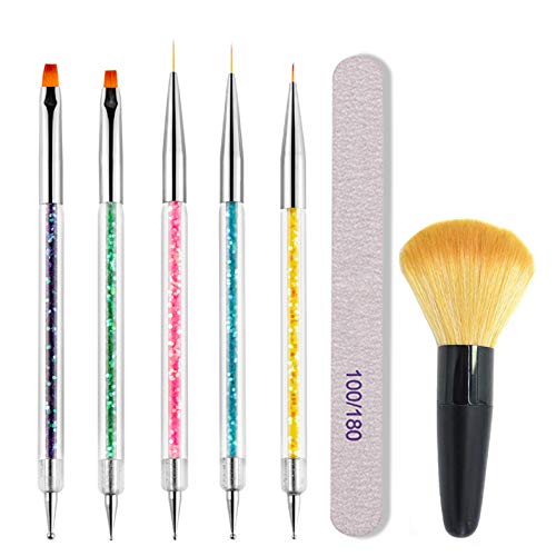 Doble-Ended Nail Art Brushes, 7pcs Nail Brushes Kit – Liner Brushes and Dotting Pens, with Dust Powder Remover & Nail File by Alnorte