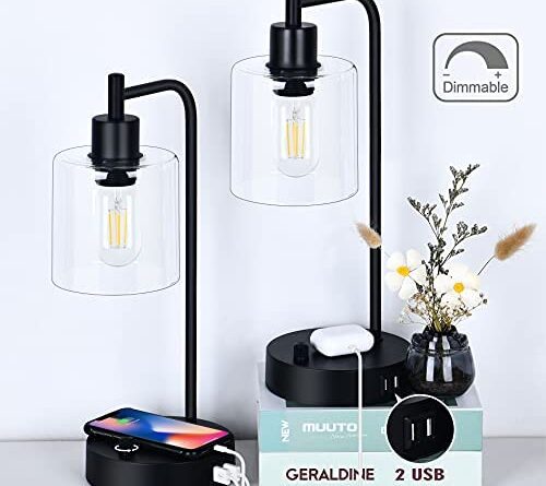 1637887217 41GIa7QOaWS. AC  500x445 - Set of 2 Industrial Table Lamp with 2 USB Ports, winshine Fully Dimmable Nightstand Desk Lamp with 60W Equivalent Bulb, Glass Shade Bedside Lamp for Bedroom, Living Room, LED Bulbs Included