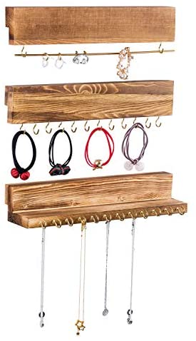 41A84hDliCL. AC  - Jewelry Organizer Wall Mounted Set of 3, Wood Hanging Jewelry Organizer Holder with Removable Bracelet Rod and 24 Hooks, Display for Hanging Rings, Earrings, Necklace Holder (Rustic brown)…