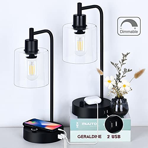 41GIa7QOaWS. AC  - Set of 2 Industrial Table Lamp with 2 USB Ports, winshine Fully Dimmable Nightstand Desk Lamp with 60W Equivalent Bulb, Glass Shade Bedside Lamp for Bedroom, Living Room, LED Bulbs Included