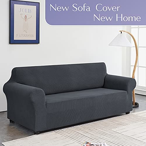 41n07P  dfS. AC  - Czufon Stretch Couch Cover Slipcover Spandex 1-Piece 3 Seater Sofa Cover Furniture Protector with Non Skid Foam and Elastic Bottom for Kids, Pets(Charcoal,Large)