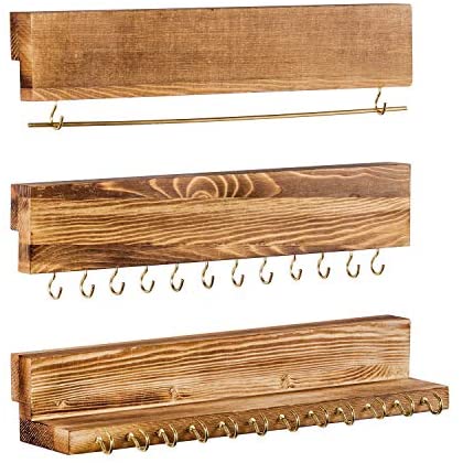 51BGOCRbWDL. AC  - Jewelry Organizer Wall Mounted Set of 3, Wood Hanging Jewelry Organizer Holder with Removable Bracelet Rod and 24 Hooks, Display for Hanging Rings, Earrings, Necklace Holder (Rustic brown)…
