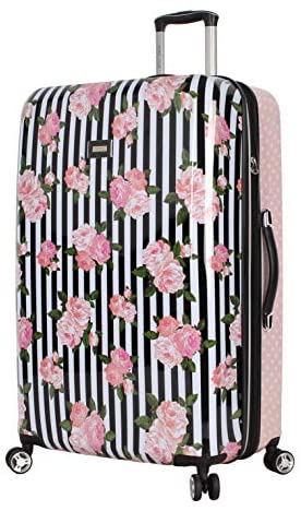 51tNrIpuj L. AC  - Betsey Johnson 30 Inch Checked Luggage Collection - Expandable Scratch Resistant (ABS + PC) Hardside Suitcase - Designer Lightweight Bag with 8-Rolling Spinner Wheels (30in, Stripe Roses)
