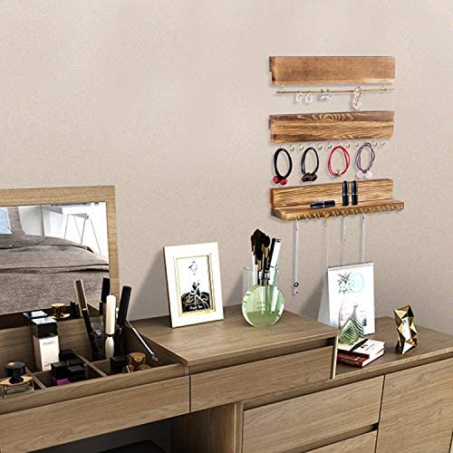 51y6e6HV7yL. AC  - Jewelry Organizer Wall Mounted Set of 3, Wood Hanging Jewelry Organizer Holder with Removable Bracelet Rod and 24 Hooks, Display for Hanging Rings, Earrings, Necklace Holder (Rustic brown)…