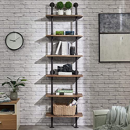 61v+VhO rLL. AC  - Hombazaar Industrial Bookshelf 6-Tier Modern Ladder Shelf, Vintage Metal Pipes and Wood Shelves, Rustic Display Bookshelf for Storage Collection,Retro Brown