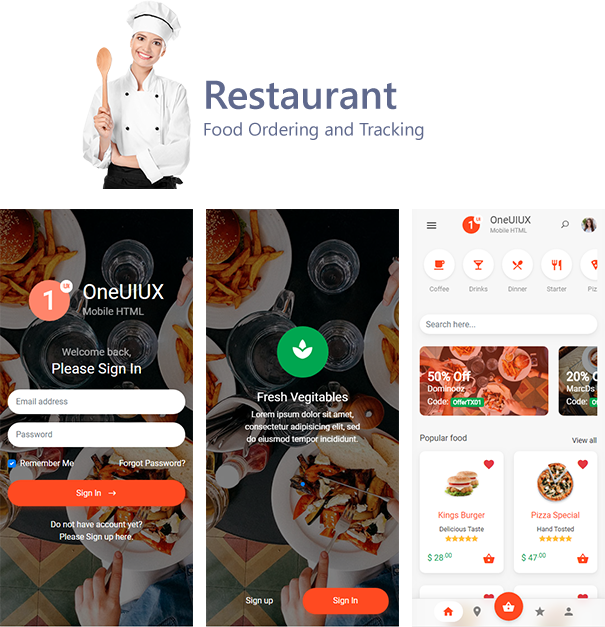 Restaurant themeforest mobile app - Oneuiux Creative Multipurpose Mobile App UI UX HTML Template