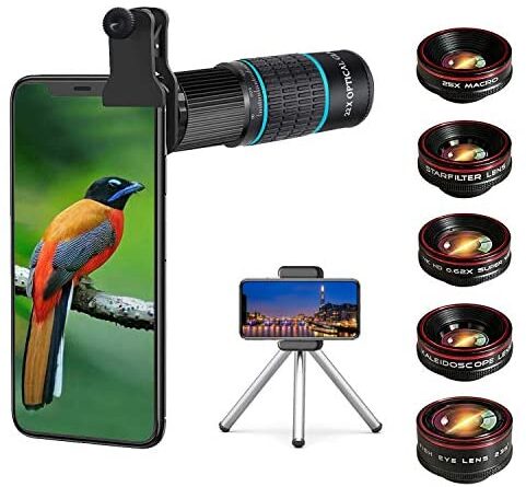 1638451535 51OynpbCqaL. AC  481x445 - Phone Camera Lens Kit 10 in 1 for iPhone Samsung Pixel Android, 22X Telephoto Lens, 0.62X Super Wide Angle Lens&25X Macro Lens, 235° Fisheye,Kaleidoscopes, Starlight，Tripod，for Most Smartphone