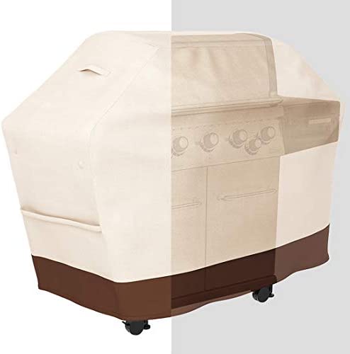 Tuyeho Grill Cover 58 x 24 x 46 inch, 600D Heavy Duty Gas BBQ Cover w/ Side Velcro, Waterproof & Weather Resistant for Your Weber, Char-Broil, Brinkmann, Holland, Jenn Air (Beige & Brown)