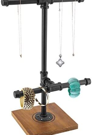 1640045883 41L9rwdI qL. AC  307x445 - MyGift 2-Tier Industrial Pipe T-Bar Jewelry Organizer - Necklace & Bracelets Display Rack Tower with Black Metal Piping and Burnt Wood Base