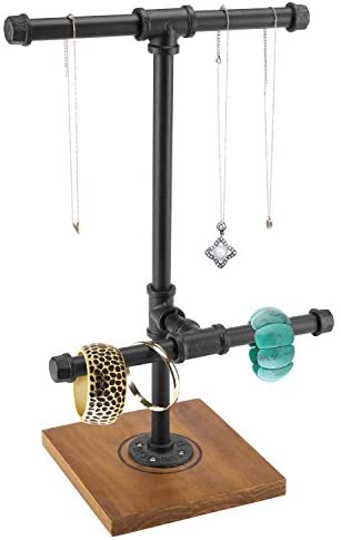 MyGift 2-Tier Industrial Pipe T-Bar Jewelry Organizer – Necklace & Bracelets Display Rack Tower with Black Metal Piping and Burnt Wood Base