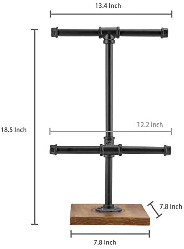 419J5khUX L. AC  - MyGift 2-Tier Industrial Pipe T-Bar Jewelry Organizer - Necklace & Bracelets Display Rack Tower with Black Metal Piping and Burnt Wood Base