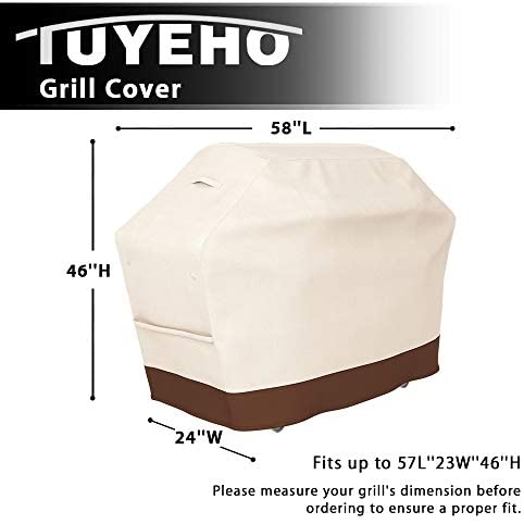 41VOxOHcfJL. AC  - Tuyeho Grill Cover 58 x 24 x 46 inch, 600D Heavy Duty Gas BBQ Cover w/ Side Velcro, Waterproof & Weather Resistant for Your Weber, Char-Broil, Brinkmann, Holland, Jenn Air (Beige & Brown)