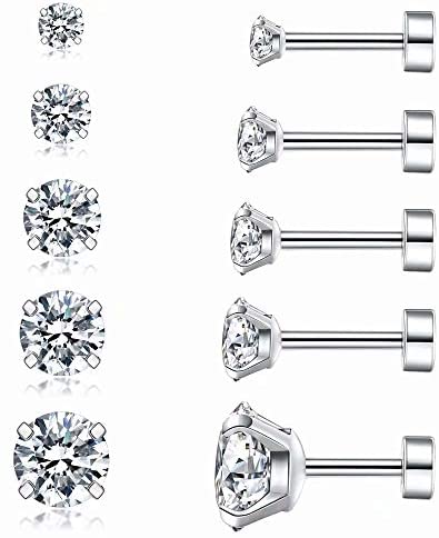 41gsOXoGI8L. AC  - Cubic Zirconia Hypoallergenic Stud Earrings for Women Men Girls Statement Cartilage Fashion Surgical Steel Helix Earrings 5 Pairs