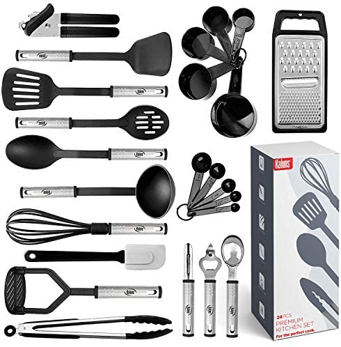 51X+zUFV05L. AC  - Kitchen Utensil Set 24 Nylon and Stainless Steel Utensil Set, Non-Stick and Heat Resistant Cooking Utensils Set, Kitchen Tools, Useful Pots and Pans Accessories and Kitchen Gadgets (Black)
