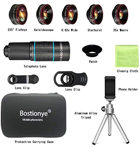 51ZFNnOACIL. AC  - Phone Camera Lens Kit 10 in 1 for iPhone Samsung Pixel Android, 22X Telephoto Lens, 0.62X Super Wide Angle Lens&25X Macro Lens, 235° Fisheye,Kaleidoscopes, Starlight，Tripod，for Most Smartphone