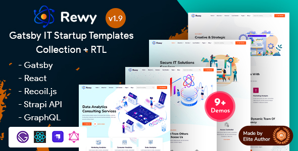 01 rewy large preview.  large preview - Rewy - Gatsby React IT Startup Template