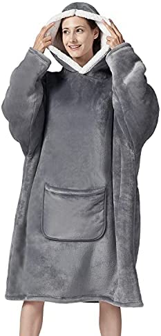 Hansleep Wearable Blanket Sherpa Oversized Sweatshirt with Hoodie, Soft Warm Flannel Fleece Throw Blankets Sweatshirt with Sleeves and Pocket, One Size Fits All (Grey, Medium)