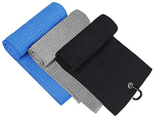 1641957559 41IJBhTFHcL. AC  - 3 Pack Golf Towel, MOSUMI Golf Towel for Golf Bags with Clip, Microfiber Waffle Pattern Golf Towel,Tri-fold Golf Towel, Blue, Black and Gray