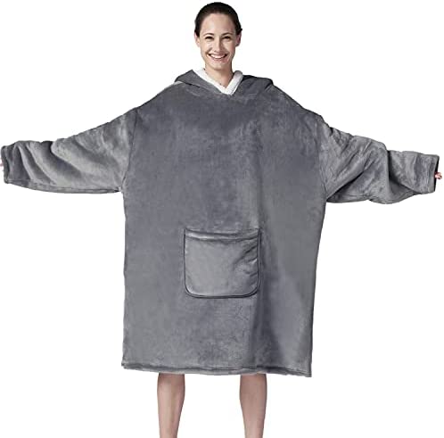 31SQSXRJwzL. AC  - Hansleep Wearable Blanket Sherpa Oversized Sweatshirt with Hoodie, Soft Warm Flannel Fleece Throw Blankets Sweatshirt with Sleeves and Pocket, One Size Fits All (Grey, Medium)