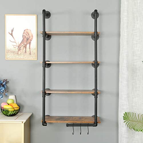 41vtApZeABL. AC  - HEONITURE Industrial Shelves, Industrial Pipe Shelving, Rustic Shelves, Pipe Shelves, Book Shelves for Wall Hanging, Farmhouse Kitchen with S Hooks (24inch, 4-Layer)