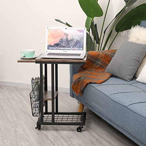 51IcP1JJKvL. AC  - C End Table with Wheels C Shaped Side Table with Side Pocket Industrial Wood Sofa Side End Tables Rolling Casters for Coffee Laptop Snack Sofa Couch Bed Living Room